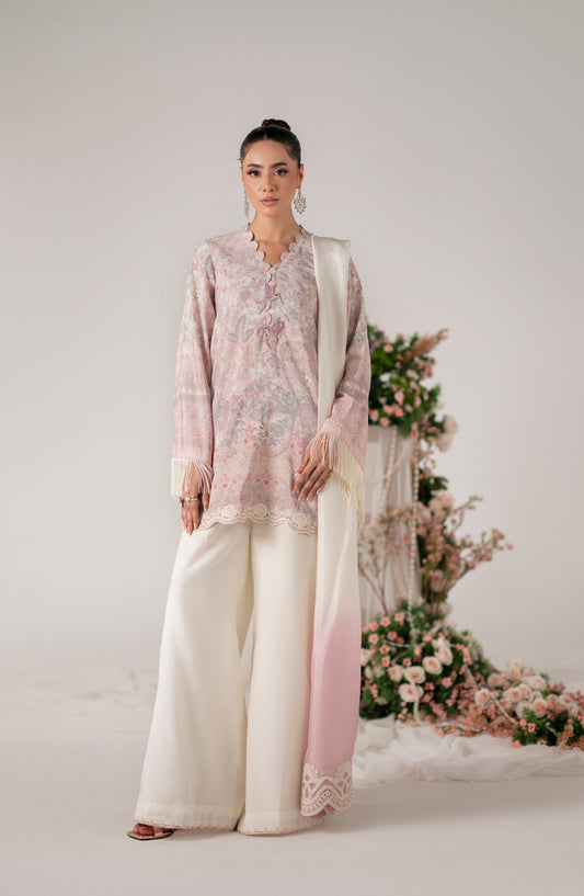 Floral Whimsy by Mehak Yaqoob Printed and Embroidered Raw Silk Stitched 3 Piece Suit - Blooma - MY25FWH - Baby pink - Luxe Collection