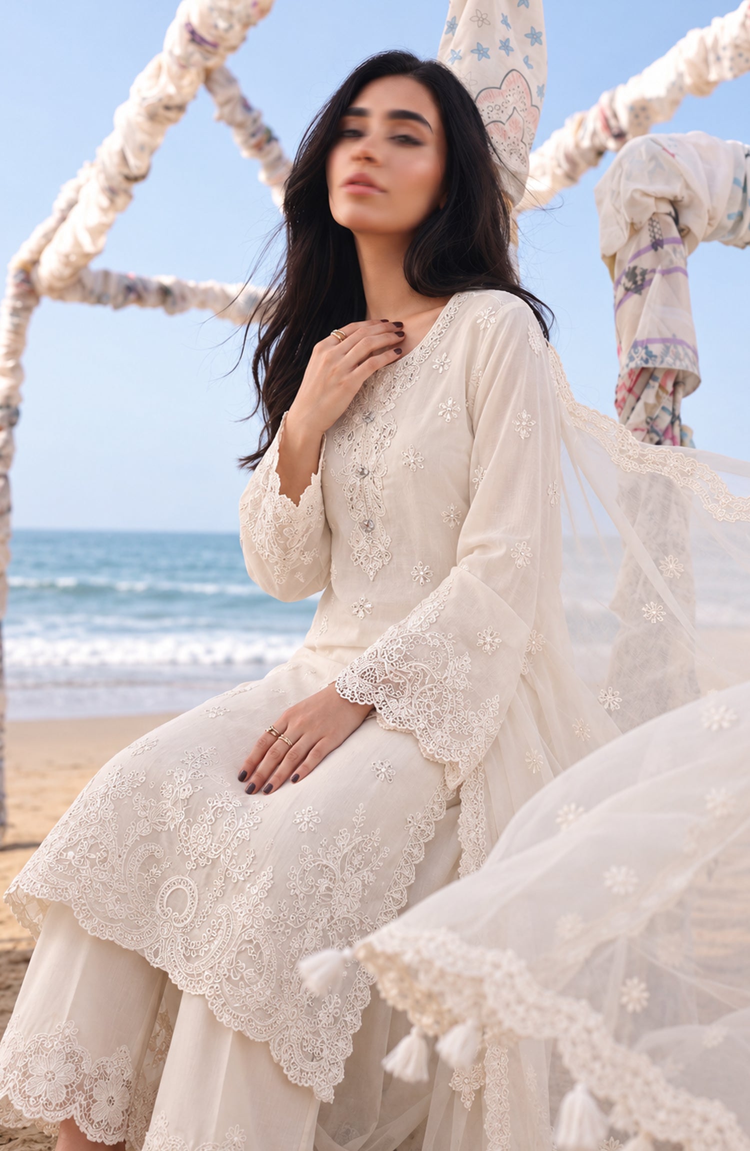 Mehfil by Amna Khadija Embroidered Cotton Stitched 3 Piece Suit - AKM-02 - AM26MFL - White - Luxe Collection