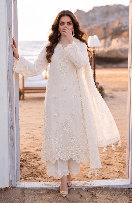 Mehfil by Amna Khadija Embroidered Cotton Stitched 3 Piece Suit - AKM-03 - AM26MFL - White - Luxe Collection