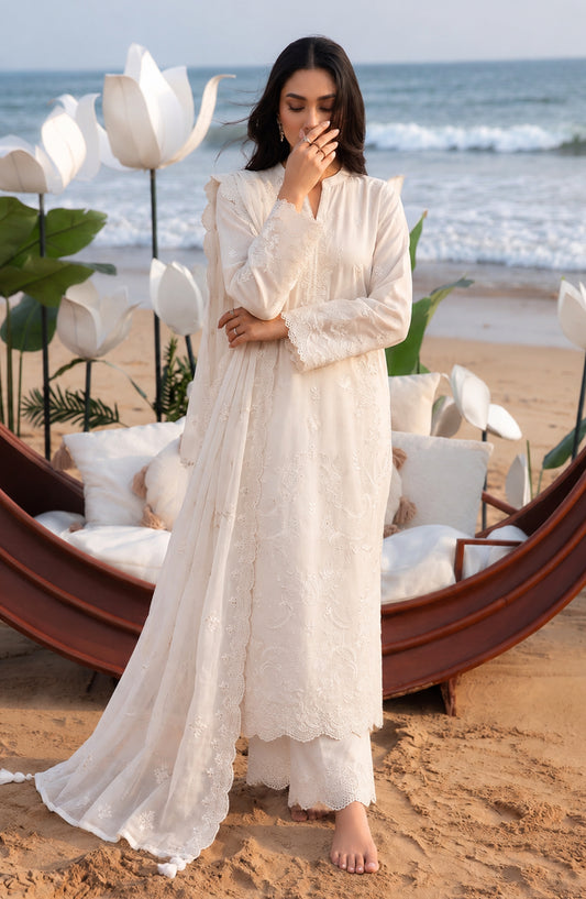 Mehfil by Amna Khadija Embroidered Cotton Stitched 3 Piece Suit - AKM-05 - AM26MFL - White - Luxe Collection