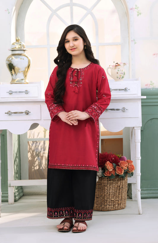 Fresh Birds Embroidered Cotton Lawn Stitched 2 Piece Suit - Mehmal - FBR26FS - Red - Festive Girls Collection