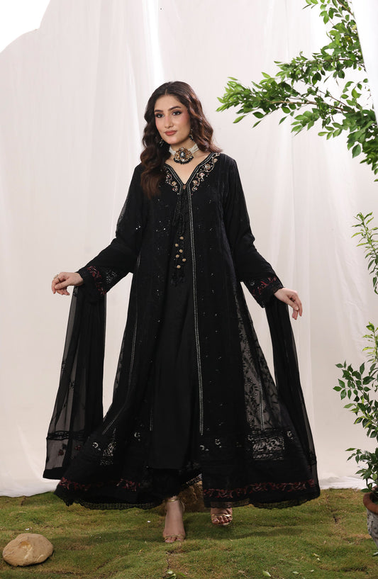 Mehrab by Guzel Luxury Embroidered Chiffon Stitched 3 Piece Suit - Seera - GUZ26MRH - Black - Festive Collection