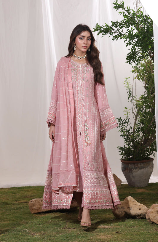 Mehrab by Guzel Luxury Embroidered Chiffon Stitched 3 Piece Suit - Zanel - GUZ26MRH - Pink - Festive Collection