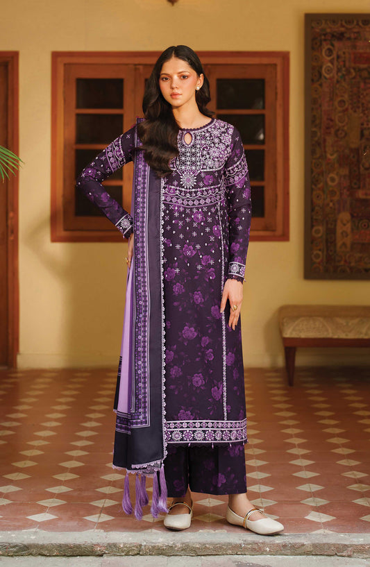 Meline by Farasha Premium Embroidered Viscose Unstitched 3 Piece Suit - 06 Plum Powder - FSH25MLN - Purple - Luxury Winter Collection