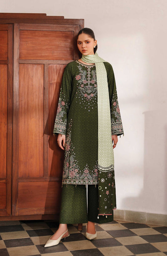 Meline by Farasha Premium Embroidered Viscose Unstitched 3 Piece Suit - 05 Olive Drape - FSH25MLN - Green - Luxury Winter Collection