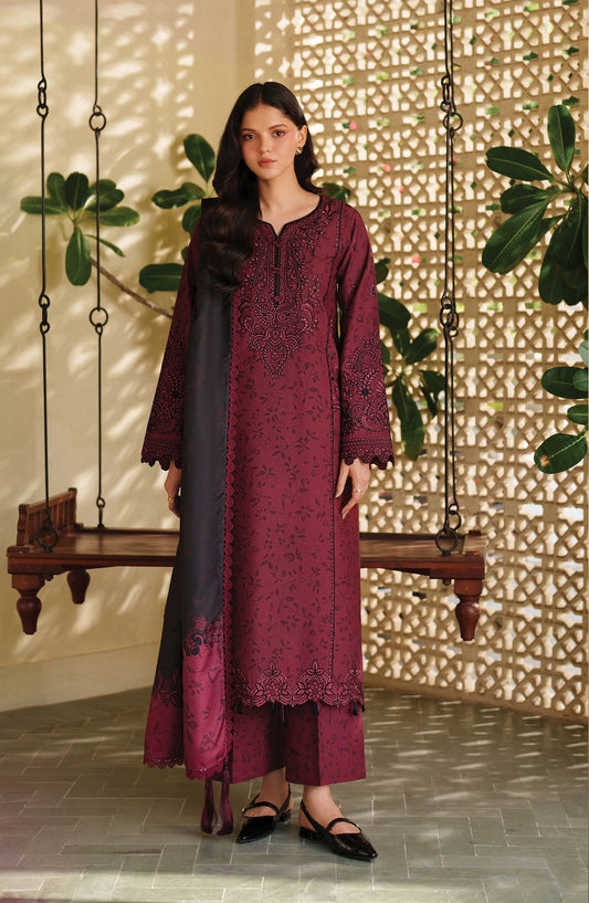 Meline by Farasha Premium Embroidered Viscose Unstitched 3 Piece Suit - 01 Sable Bloom - FSH25MLN - Maroon - Luxury Winter Collection