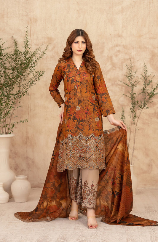 Merrachi by Tawakkal Fabrics Embroidered Lawn Unstitched 3 Piece Suit - D-3499 - TF26MRI - Rust - Summer Collection