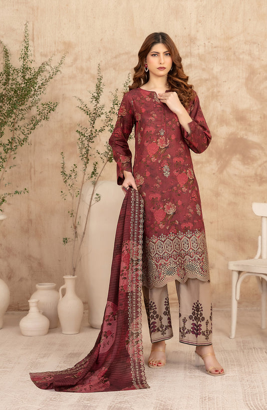 Merrachi by Tawakkal Fabrics Embroidered Lawn Unstitched 3 Piece Suit - D-3496 - TF26MRI - Maroon - Summer Collection