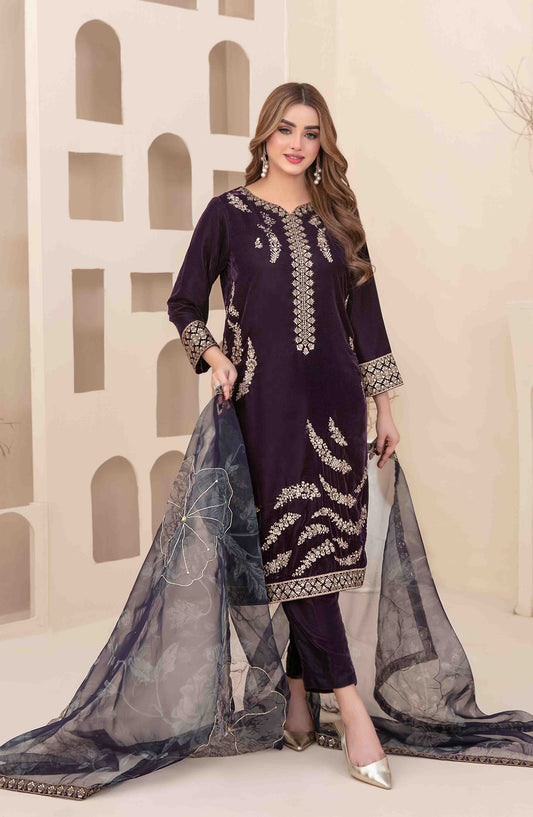 Minakari by Tawakkal Fabrics Embroidered Velvet Unstitched 3 Piece Suit - D-5276 - TF25VLT - Purple - Winter Collection