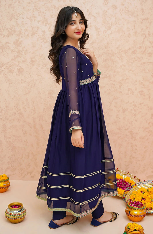 Modest Embroidered Chiffon Stitched 3 Piece Suit - 9080-Blu - MOD25EKA - Blue - Festive Collection