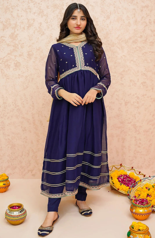 Modest Embroidered Chiffon Stitched 3 Piece Suit - 9080-Blu - MOD25EKA - Blue - Festive Collection