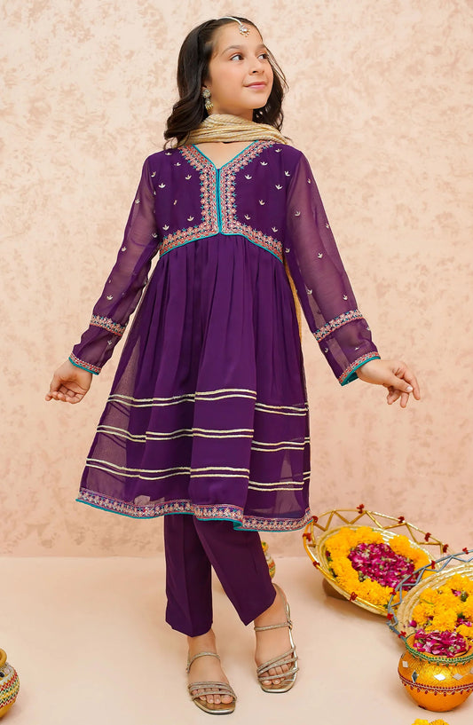 Modest Embroidered Chiffon Stitched 3 Piece Suit - 9080-Prpl - MOD25EKA - Purple - Festive Collection