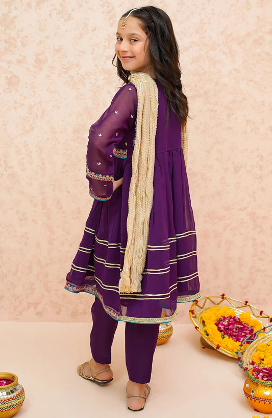 Modest Embroidered Chiffon Stitched 3 Piece Suit - 9080-Prpl - MOD25EKA - Purple - Festive Collection