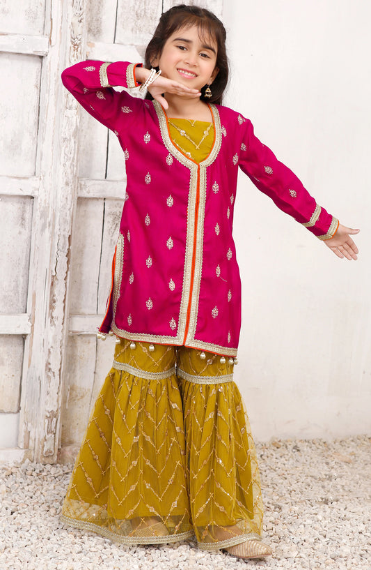 Modest Embroidered Raw Silk Stitched 3 Piece Suit - 8875-HPnk- Mushq - MOD25EKA - Pink - Festive Girls Collection