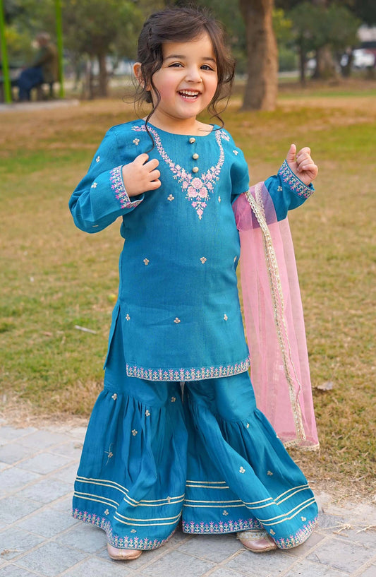 Modest Embroidered Raw Silk Stitched 3 Piece Suit - 10090-Grn - MOD25PRF - Green - Festive Girls Collection