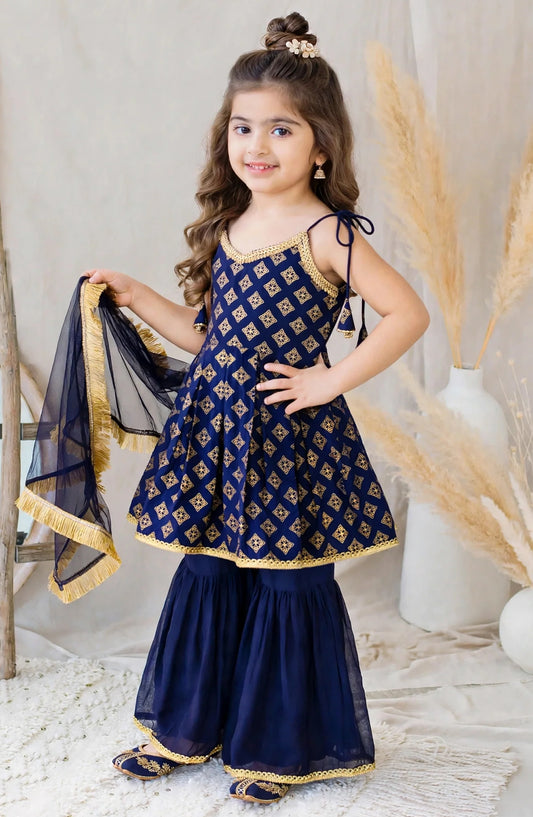 3 Piece Printed Rawsilk Blue Gharara - 11270-Blu - MOD26TWF - Festive Collection