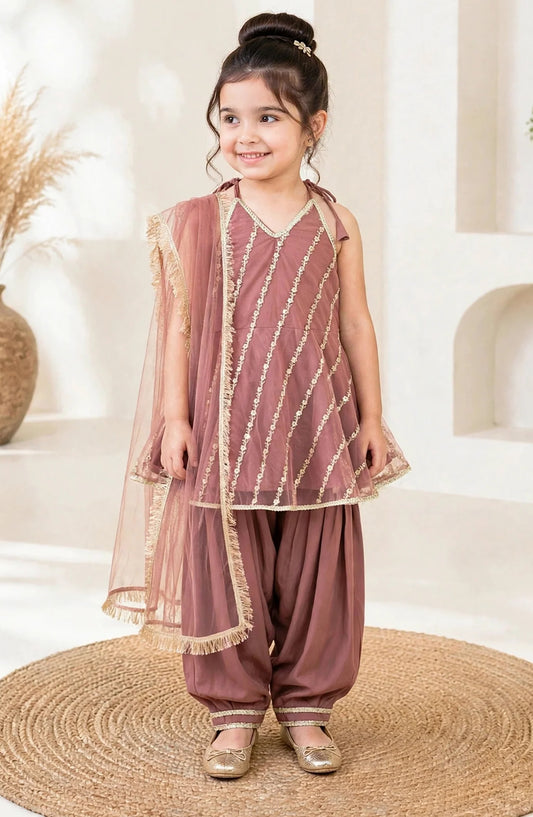 3 Piece Net Embroidered Tea Pink Suit - 11300-TPnk - MOD26TWF - Festive Collection
