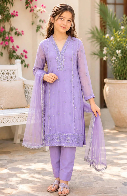 3 Piece Embroidered Purple Crinkle Suit - 11115-Lpur - MOD26FFC - Festive Collection
