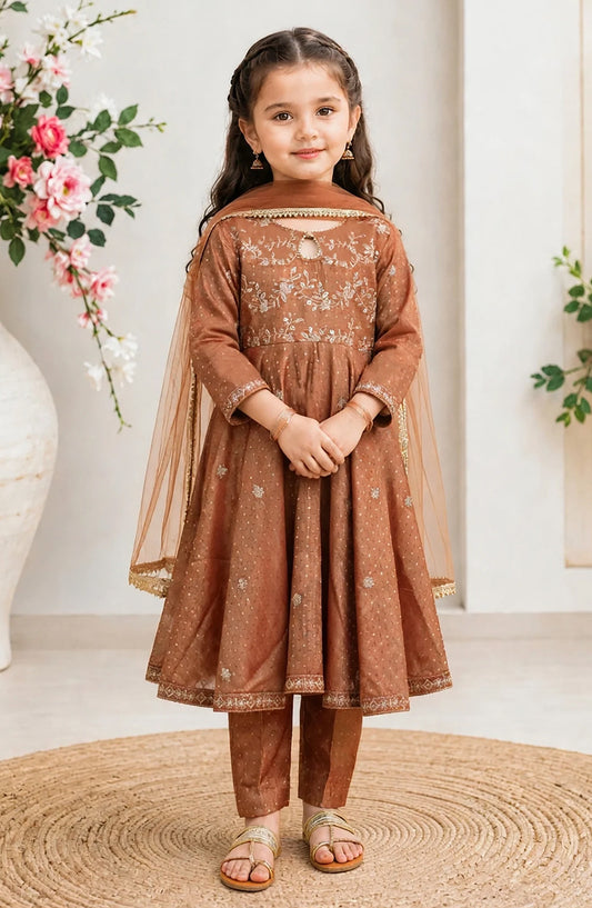 3 Piece Cotton Lawn Embroidered Frock - 11275-Brn - MOD26FFC - Festive Collection