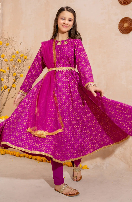 Purple Rawsilk Printed 3 Piece Frock - Purple - 10215-Pprl MOD26MT - Festive Collection