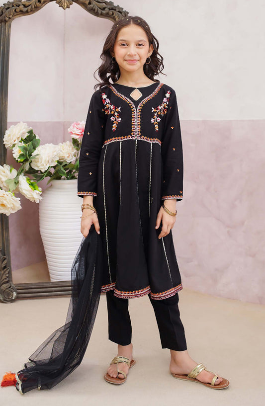 Modest Printed Linen Stitched 3 Piece Suit - 10080-Blk - MOD25PRF - Black - Festive Girls Collection