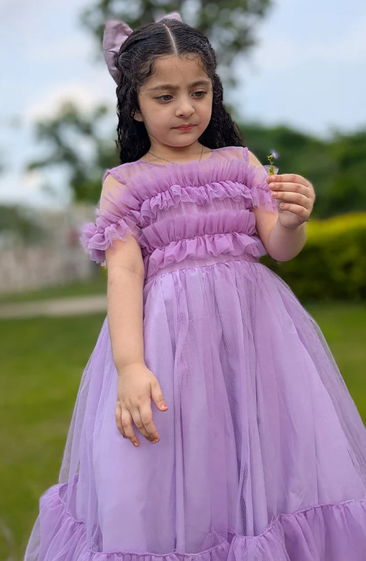 Modest Net Stitched Frock - 9700-LPur Lavender Bloom - MOD25PRF - Purple - Festive Girls Collection