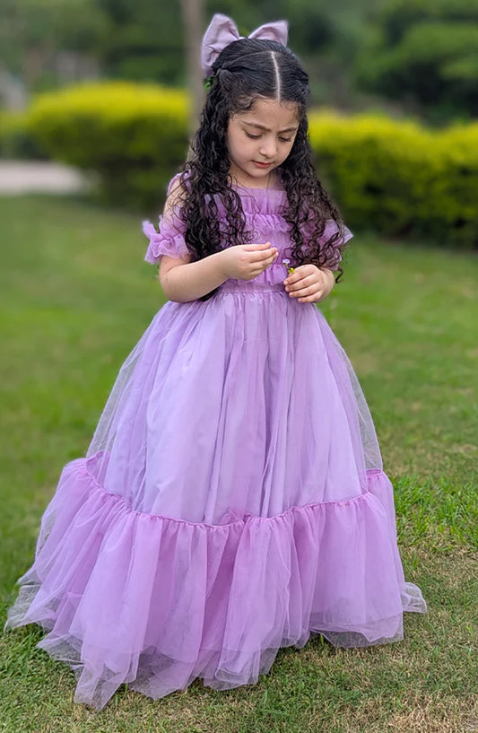 Modest Net Stitched Frock - 9700-LPur Lavender Bloom - MOD25PRF - Purple - Festive Girls Collection