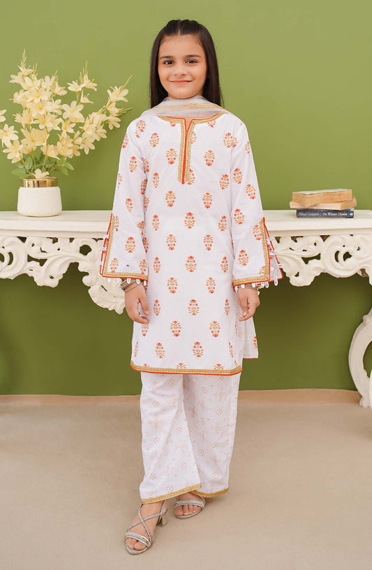 Modest Printed Cotton Stitched 3 Piece Suit - 9705-Wht - MOD25PRF - White - Festive Girls Collection