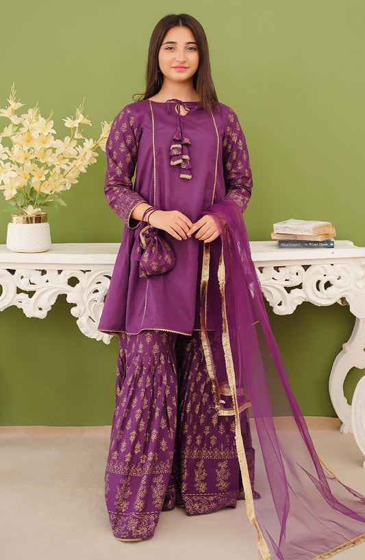 Modest Printed Cotton Stitched 3 Piece Suit - 9755-Prpl - MOD25PRF - Purple - Festive Girls Collection
