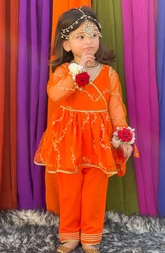 Modest Embroidered Net Stitched 3 Piece Suit - 10010-Org - MOD25PRF - Orange - Festive Girls Collection