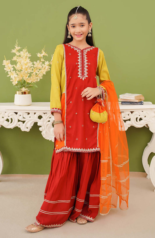 Modest Embroidered Raw Silk Stitched 3 Piece Suit - 9875-Mul - MOD25PRF - Multi - Festive Girls Collection