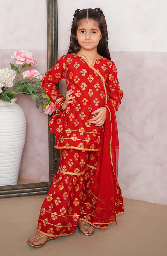 Modest Embroidered Raw Silk Stitched 3 Piece Suit - 10190-Red - MOD25PRF - Red - Festive Girls Collection