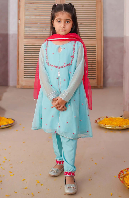 Modest Embroidered Chiffon Stitched 3 Piece Suit - 9840-Cblu - MOD25PRF - Blue - Festive Girls Collection