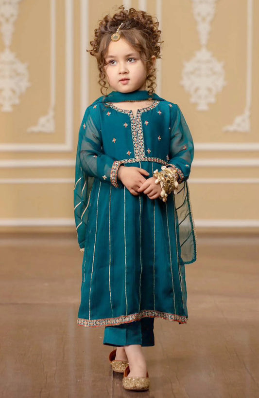 Modest Embroidered Chiffon Stitched 3 Piece Suit - 9740-Grn - MOD25PRF - Green - Festive Girls Collection