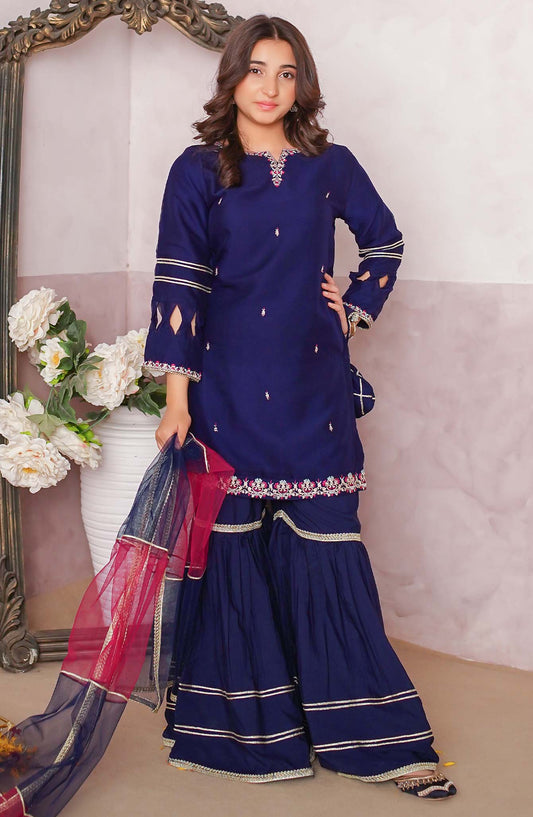 Modest Embroidered Chiffon Stitched 3 Piece Suit - 9615-Nblu - MOD25PRF - Blue - Festive Girls Collection