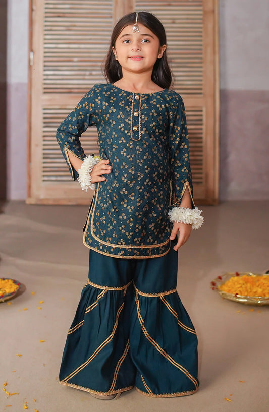 Modest Embroidered Raw Silk Stitched 3 Piece Suit - 10100-Grn - MOD25PRF - Green - Festive Girls Collection