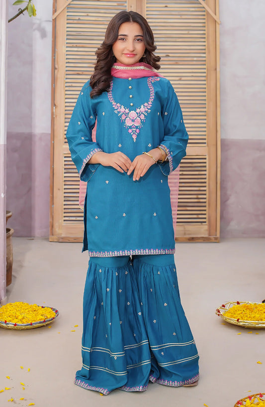 Modest Embroidered Raw Silk Stitched 3 Piece Suit - 10090-Grn - MOD25PRF - Green - Festive Girls Collection