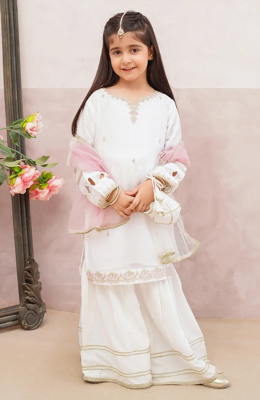 Modest Embroidered Chiffon Stitched 3 Piece Suit - 9620-Wht - MOD25PRF - White - Festive Girls Collection
