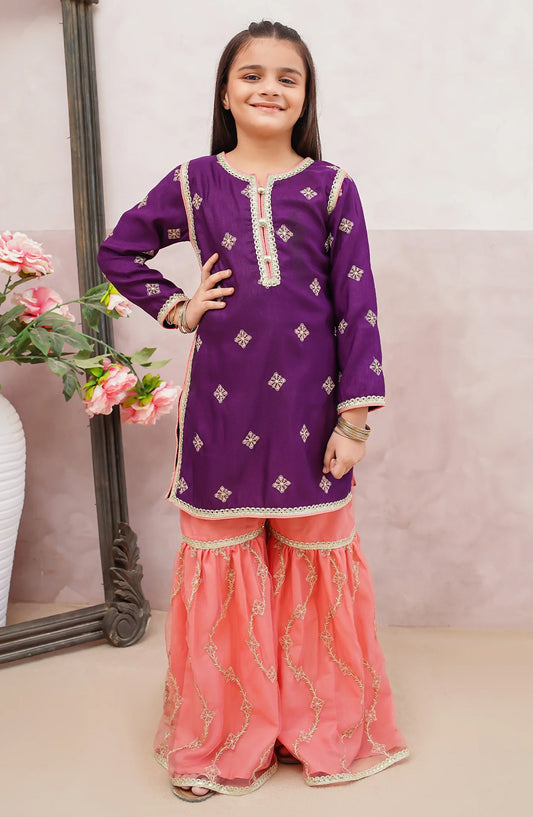 Modest Embroidered Raw Silk Stitched 3 Piece Suit - 9775-Prpl - MOD25PRF - Purple - Festive Girls Collection