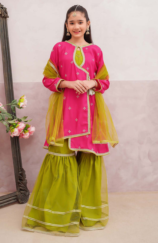Modest Embroidered Raw Silk Stitched 3 Piece Suit - 9655-HPnk - MOD25PRF - Pink - Festive Girls Collection