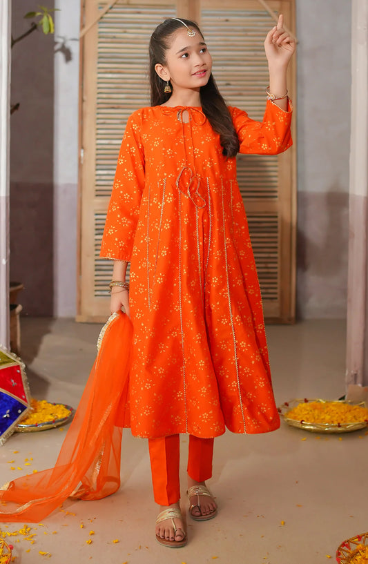 Modest Embroidered Cotton Stitched 3 Piece Suit - 9725-Org - MOD25PRF - Orange - Festive Girls Collection