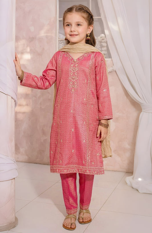 Girls 3 Piece Pink Maysuri Embroidered Dress - 10755-Pnk - MOD26MT - Festive Collection