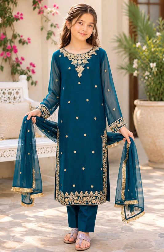 3 Piece Blue Embroidered Crinkle Suit 10675-Grn - MOD26MT - Festive Collection