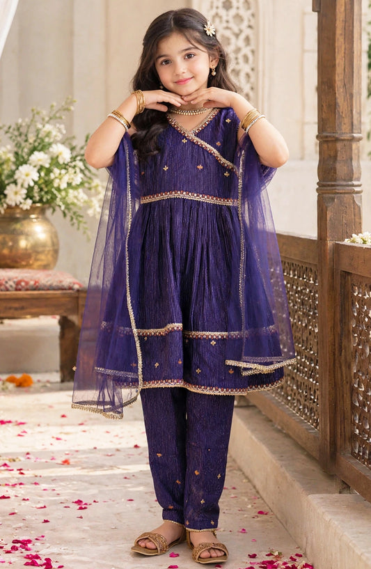3 Piece Embroidered Navy Blue Cotton Lawn Frock - 10510-Nblu - MOD26MT - Festive Collection