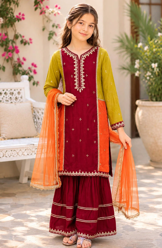 Modest Embroidered Raw Silk Stitched 3 Piece Suit - 9875-Mul - MOD25PRF - Multi - Festive Girls Collection