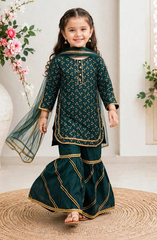 Modest Embroidered Raw Silk Stitched 3 Piece Suit - 10100-Grn - MOD25PRF - Green - Festive Girls Collection