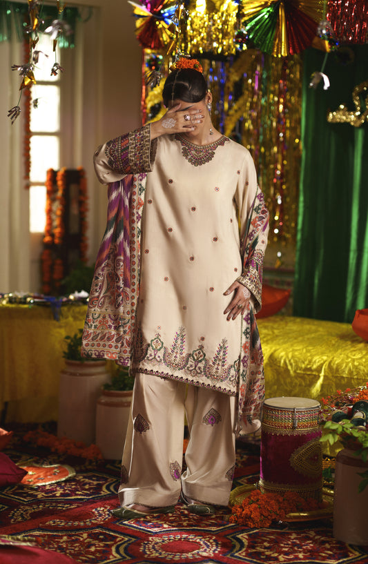 Casual Lite Mubarak Embroidered Silk Viscose Stitched 3 Piece Suit - 05 Sehar - CL26MRK - Fawn - Festive Collection