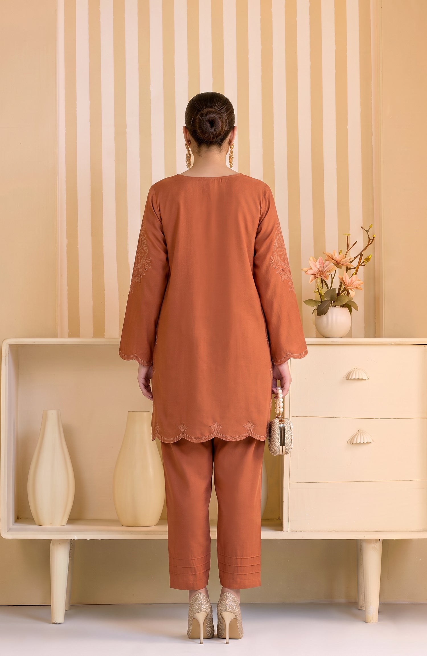 Mulaqaat by Amna Khadija Embroidered Cotton Stitched 2 Co-ord Set - AKMEC-18 - AM26QTL - Orange - Casual Collection