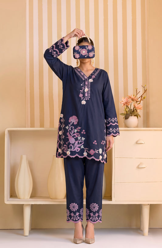 Mulaqaat by Amna Khadija Embroidered Cotton Stitched 2 Co-ord Set - AKMEC-22 - AM26QTL - Blue - Casual Collection