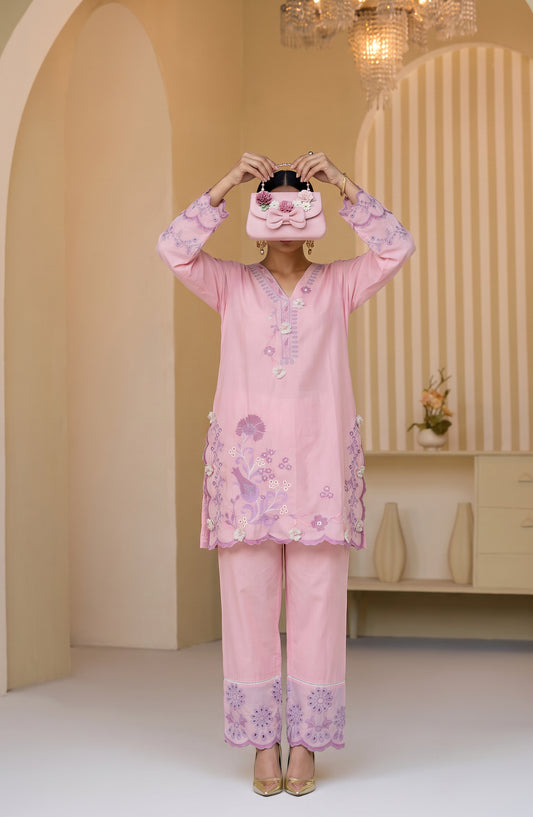 Mulaqaat by Amna Khadija Embroidered Cotton Stitched 2 Co-ord Set - AKMEC-23 - AM26QTL - Pink - Casual Collection